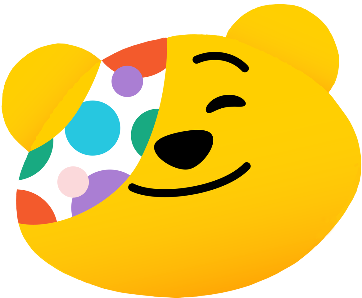 Pudsey's smiling face, with closed eye and multicoloured spotted bandana over the other