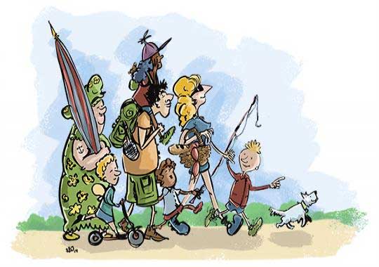 Cartoon illustration for After Adoption's The Big Picnic 2014 showing seven people (adults and children) and a dog walking to the right towards a picnic, holding an umbrella and a fishing rod.