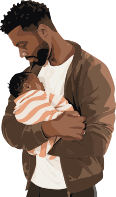 A young father in a white tshirt and jacket cradles his newborn son in a striped babygrow.