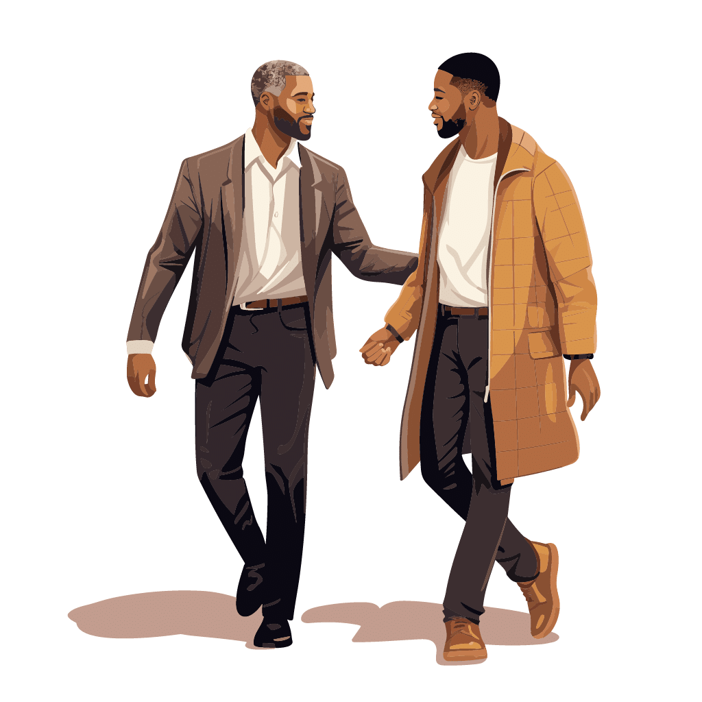 A father and son greet each other