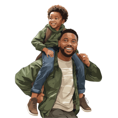 A man carries his son on his shoulders in a piggyback ride. Both are smiling and looking to their right.