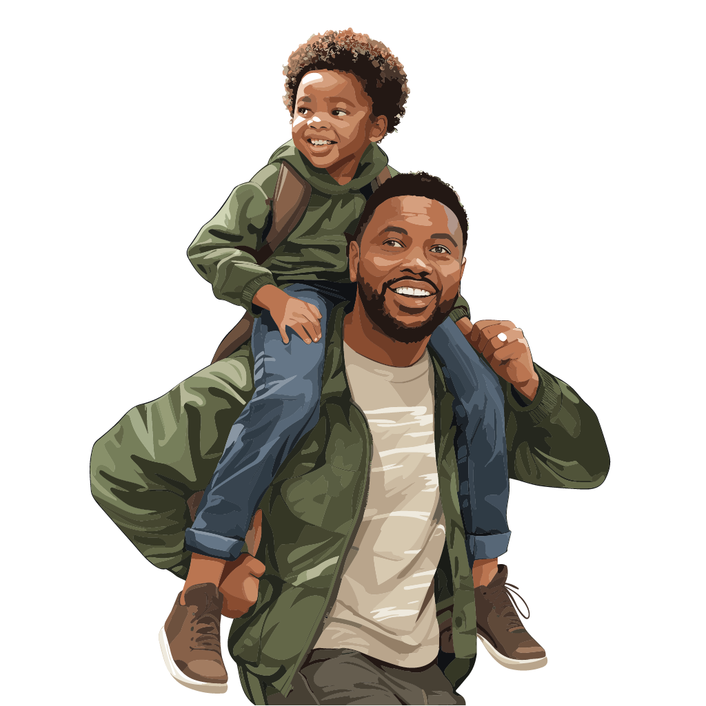 A man carries his son on his shoulders in a piggyback ride. Both are smiling and looking to their right.