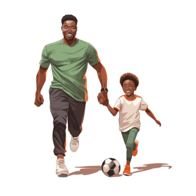 A man and a boy running, playing football.