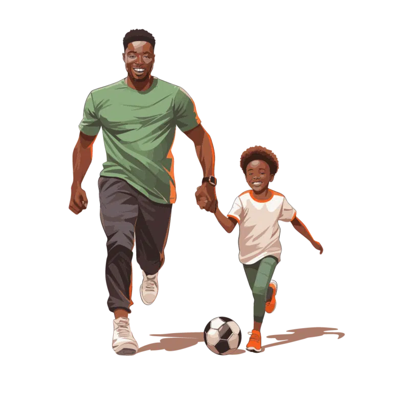 A man and a boy running, playing football.