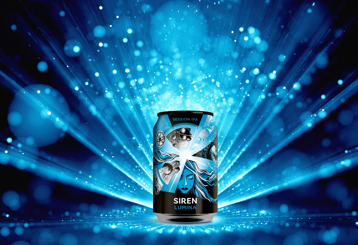 Siren Lumina beer can illuminated by blue light