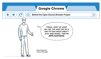 Google Chrome comic screenshot (September 2008). Illustration of a man on a web page, with a speech bubble.