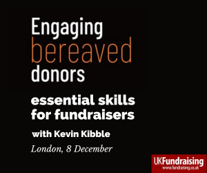 Engaging bereaved donors. Essential skills for fundraisers, with Kevin Kibble. London, 8 December. UK Fundraising logo.