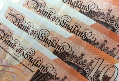 Close up of £10 notes.