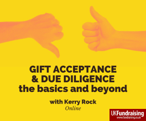 Gift acceptance and due diligence course by Kerry Rock. Background image (filtered yellow) of one hand on the left with thumb down, and on the right a hand with a thumb up.