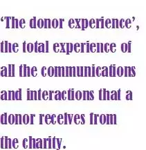 Giles Pegram quote on the donor experience. In purple text on white "'The donor experience', the total experience of all the communications and interactions that a donor receives from the charity". Source: Giles Pegram CBE
