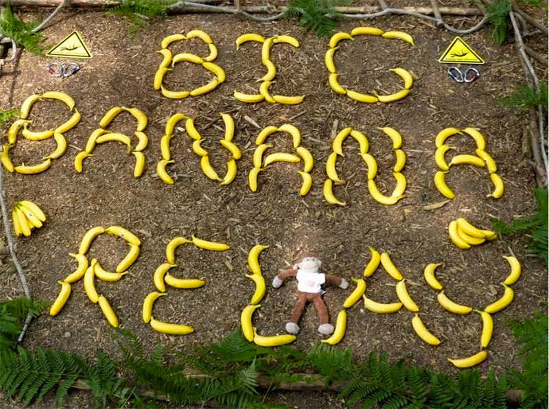 Big Banana Relay. The words are spelled by bananas placed together on the ground.