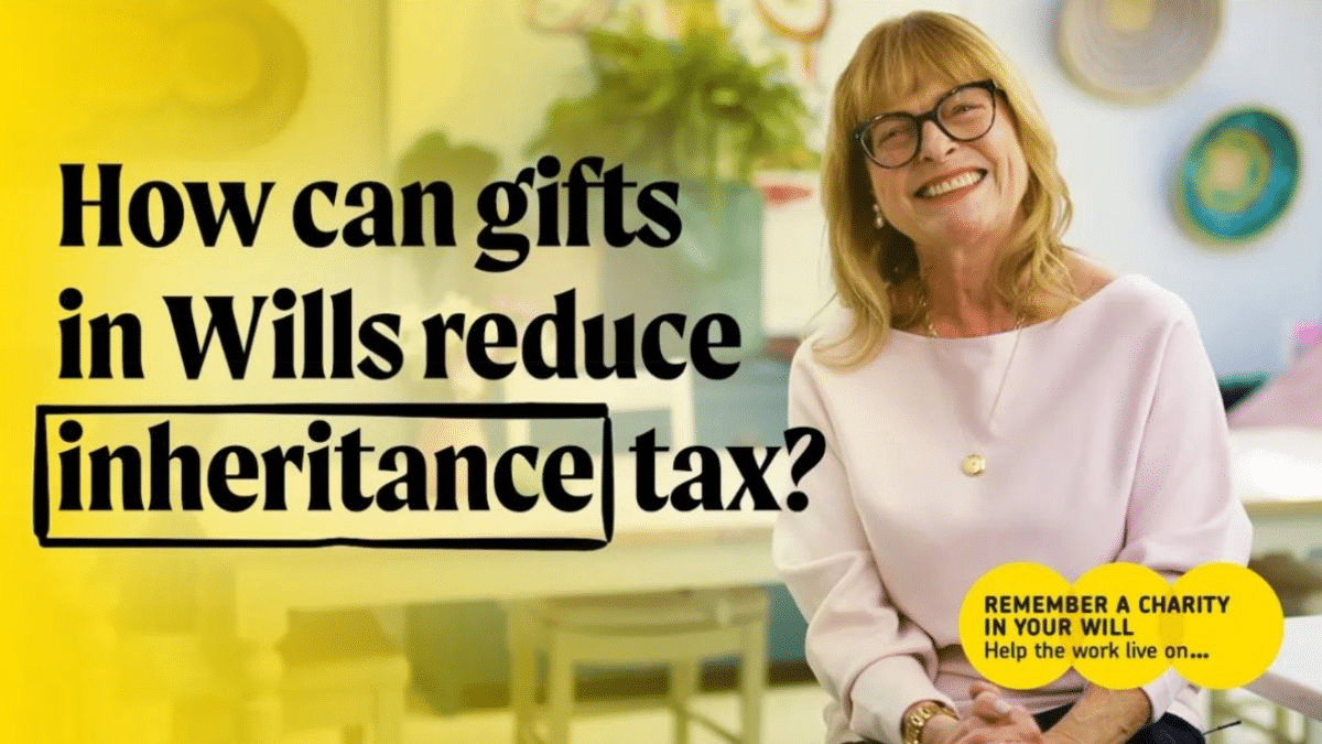 How can gifts in Wills reduce inheritance tax? Still from Remember a Charity How To video, with actor Janet Ellis sitting and smiling to the right.