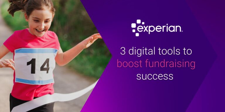 Experian logo. Three digital tools to boost fundraising success. To the right is an image of a young girl with the number 14 on her race bib, winning a race by bursting through the finish tape with a smile on her face.