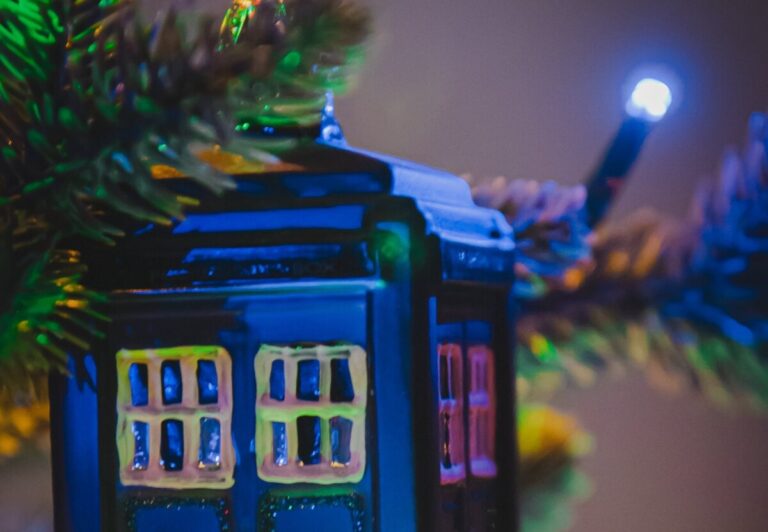 A tardis christmas decoration hanging on a tree. By Ian Favilla on Pexels