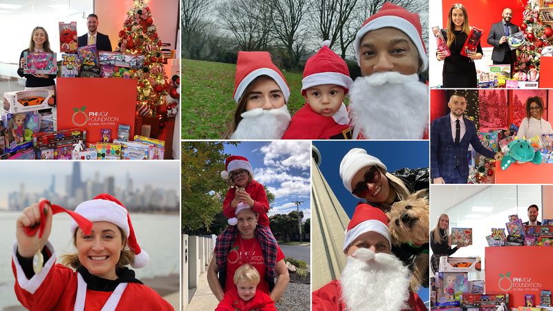 Collage of PHMG staff dressed as Santa photos, most of them with children in. 
