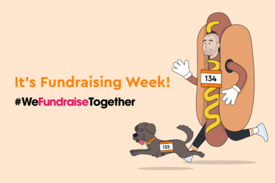 Banner advertising TCS London Marathon & Enthuse's Fundraising Week. an illustration of a runner dressed as a hotdog.