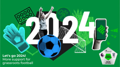 Let's Go 2024 Campaign Graphic from the Football Foundation showing the number 2024, with a football, glove, and player against a green background
