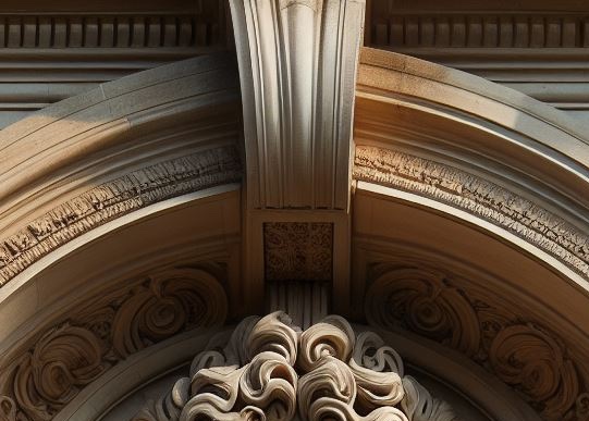 Close-up of a keystone on a building's art.