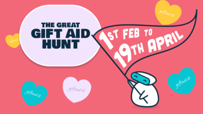 A banner saying The Great Gift Aid Hunt 1 Feb to 19 April