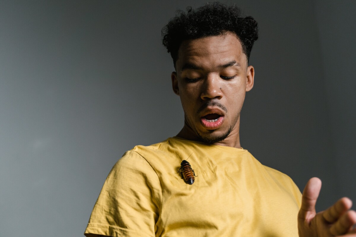 A man looks fearful as he gazes at a cockroach on his t-shirt