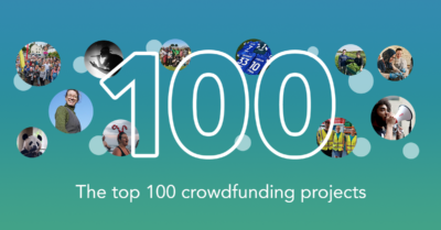 A banner from Crowdfunder saying '100. The top 100 crowdfunding projects'