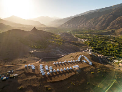 Aerial shot of ShelterBox tents in Morocco's Atlas Mountains
