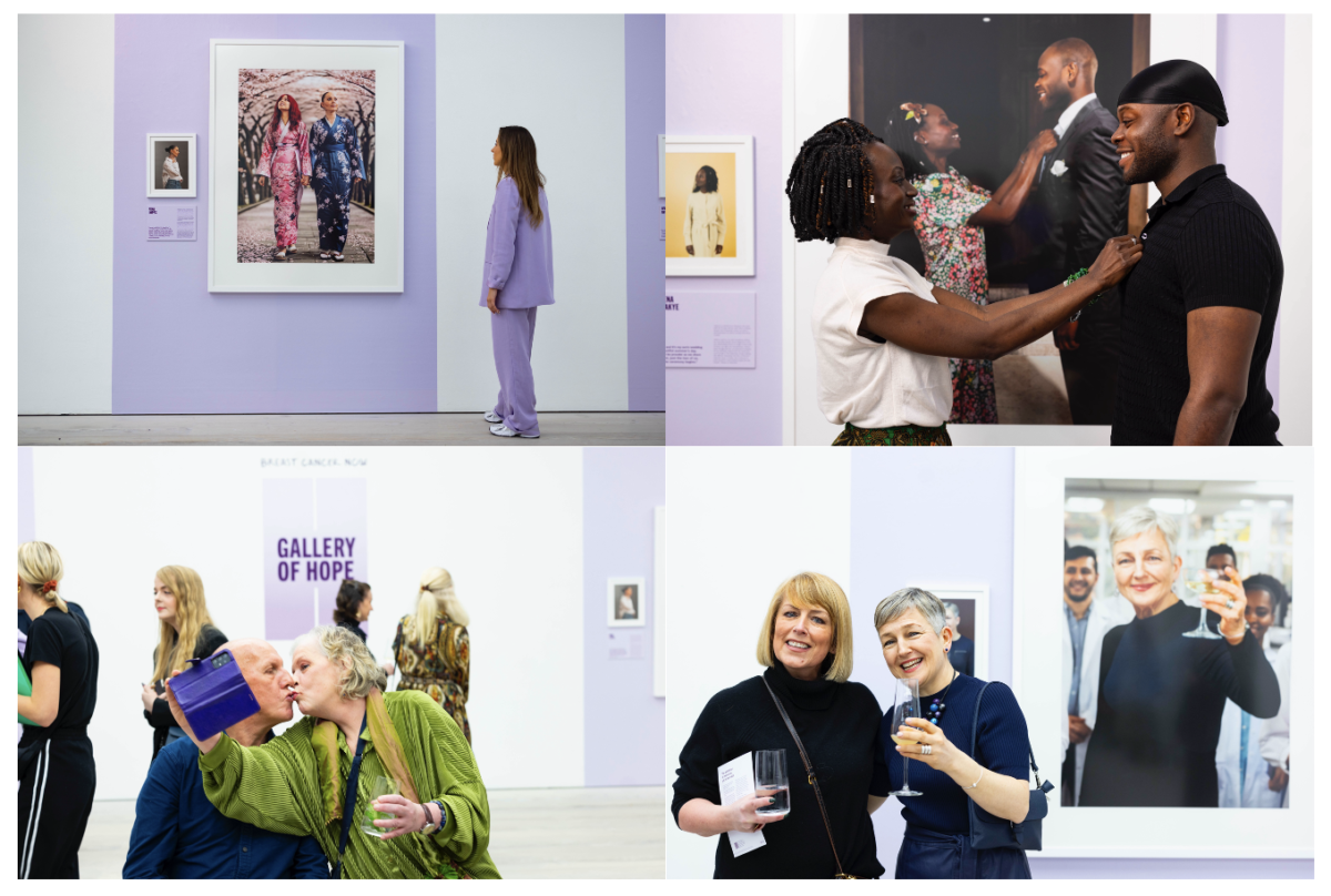 Four photos of people attending the launch of the Gallery of Hope in London, with the photo portraits behind them.