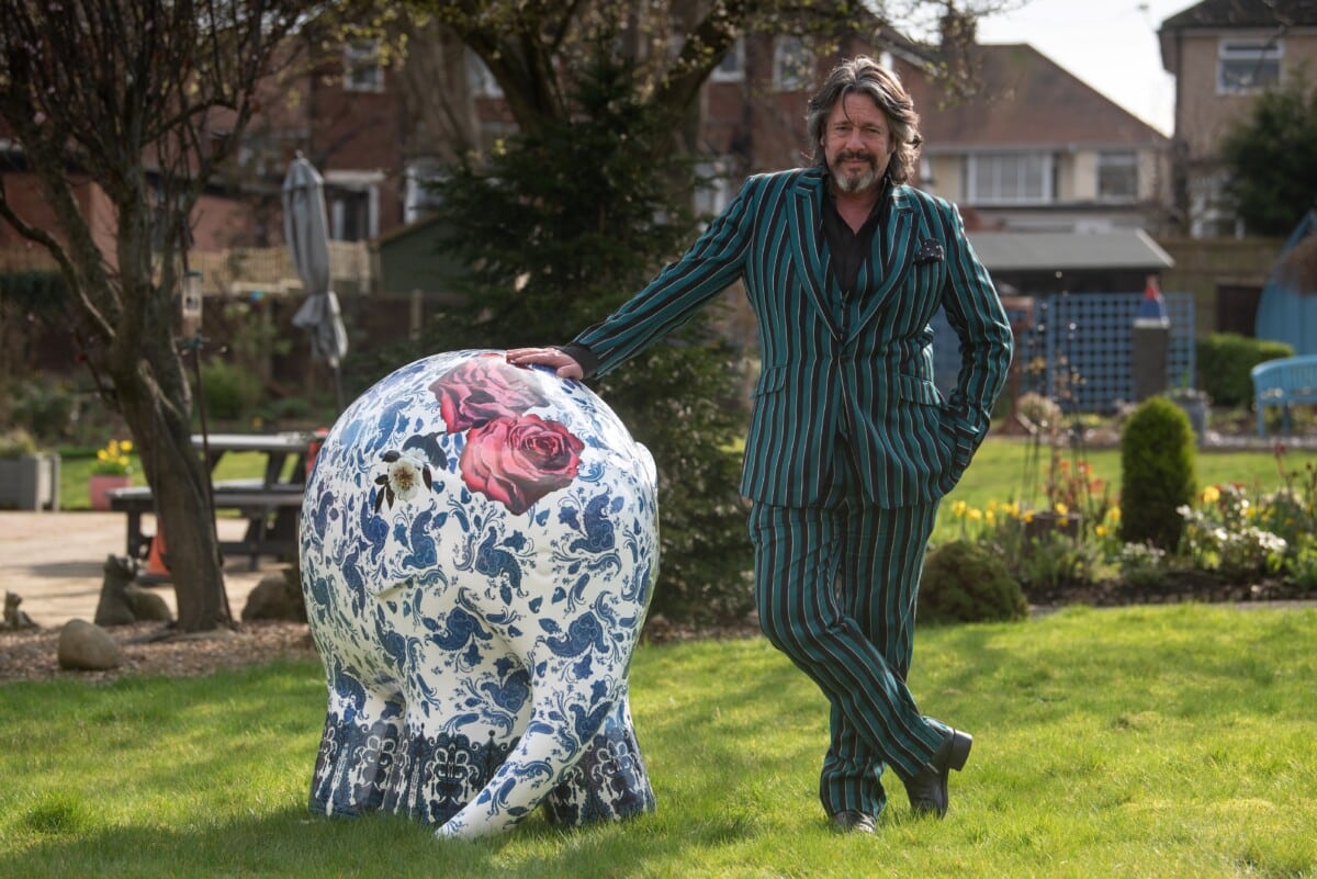 Lawrence Llewelyn Bowen with the elephant he has designed for Elmer's Big Parade in Blackpool
