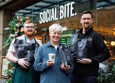 Social Bite on Sauchiehall Street, Glasgow. From left: Alastair Lindsay (branch General Manager), Mel Swan (Commercial and Operations Director Social Bite) and Kevin McGeachan, (National Account Executive at Matthew Algie)