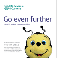 HMRC's Gift Aid toolkit CD cover. Go even further. An image of a smiling toy bee's head.