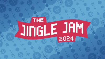 A blue patterned background with The Jingle Jam 2024 written across it in white on a red banner shape