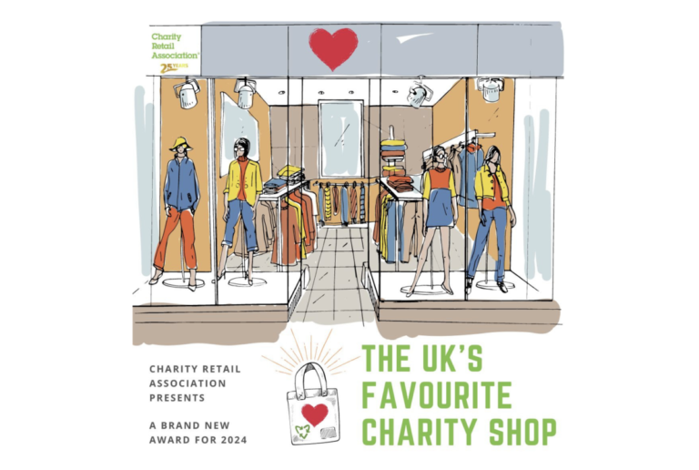 An illustration of a charity shop window, promoting the UK's Favourite Charity Shop Award