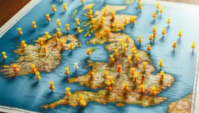 A map of the UK with pins in it. A representation of The Great Map of WIllanthropy