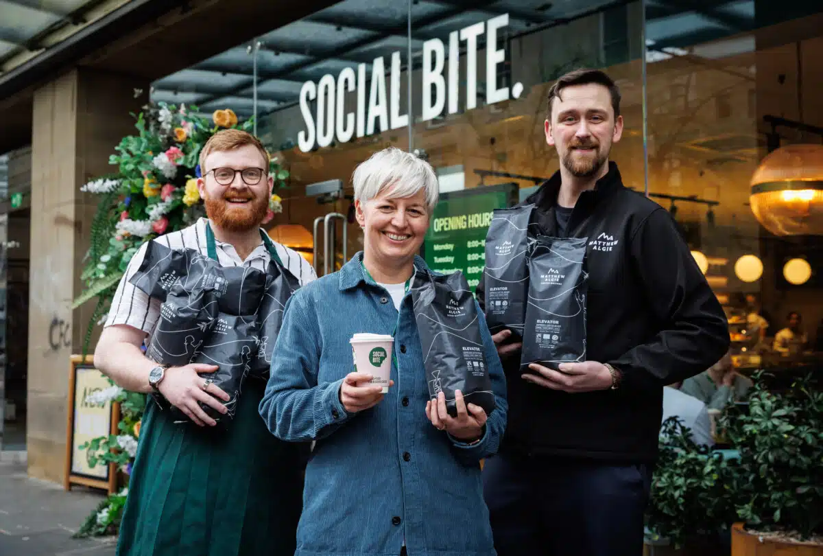 L-R: Alastair Lindsay (General Manager of the Social Bite Sauchiehall Street branch), Mel Swan (Commercial and Operations Director Social Bite) and Kevin McGeachan, (National Account Executive at Matthew Algie)