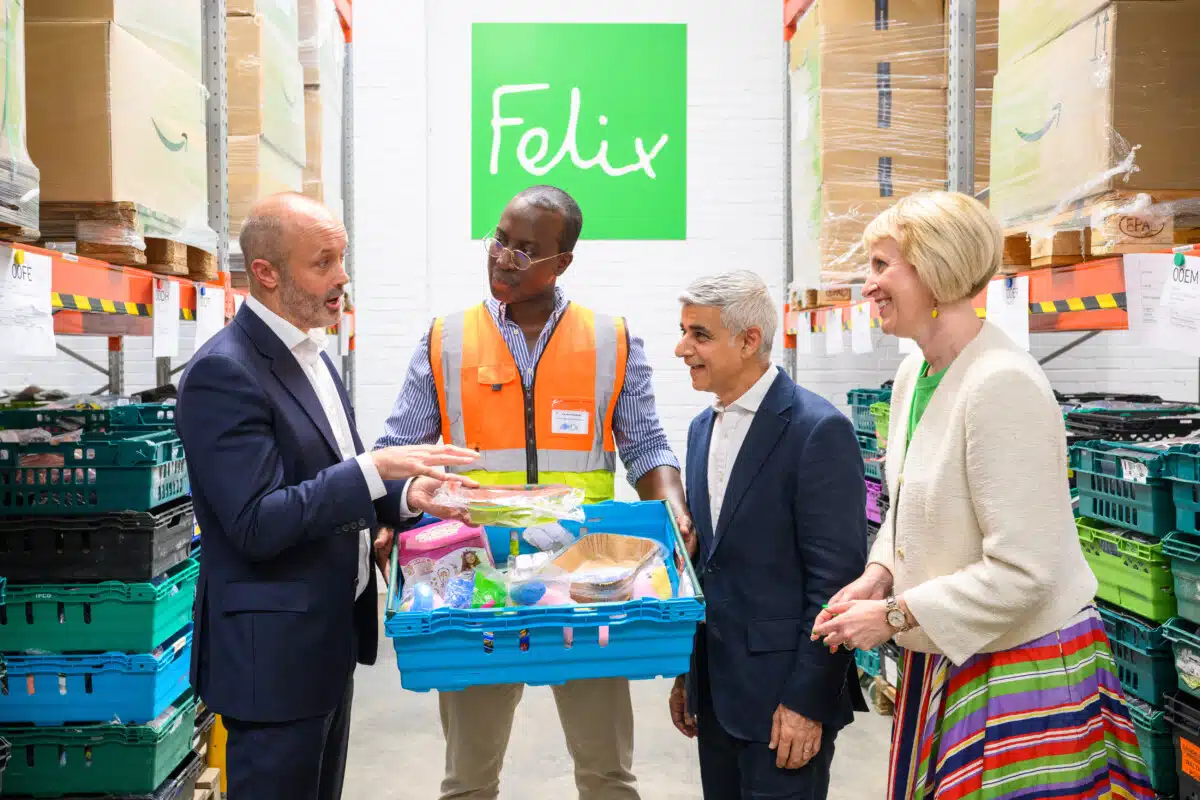 (L-R) John Bounphery, UK Country Manager at Amazon, operations manager Kareem Edwards, Mayor of London Sadiq Khan, and Charlotte Hill OBE, CEO of The Felix Project, at the launch of Felix's Multibank, at Fieldway in London. Credit: Matt Crossick/PA Media Assignments
