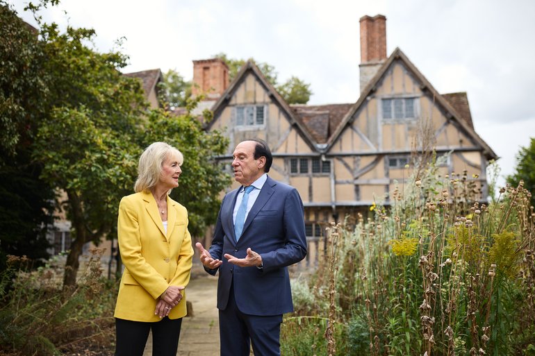 Shakespeare Birthplace Trust Chair Lady Cobham & Ken Ludwig outside Hall's Croft