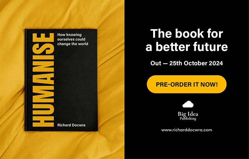 Humanise front cover, and call to action - "the book for a better future - pre-order it now"