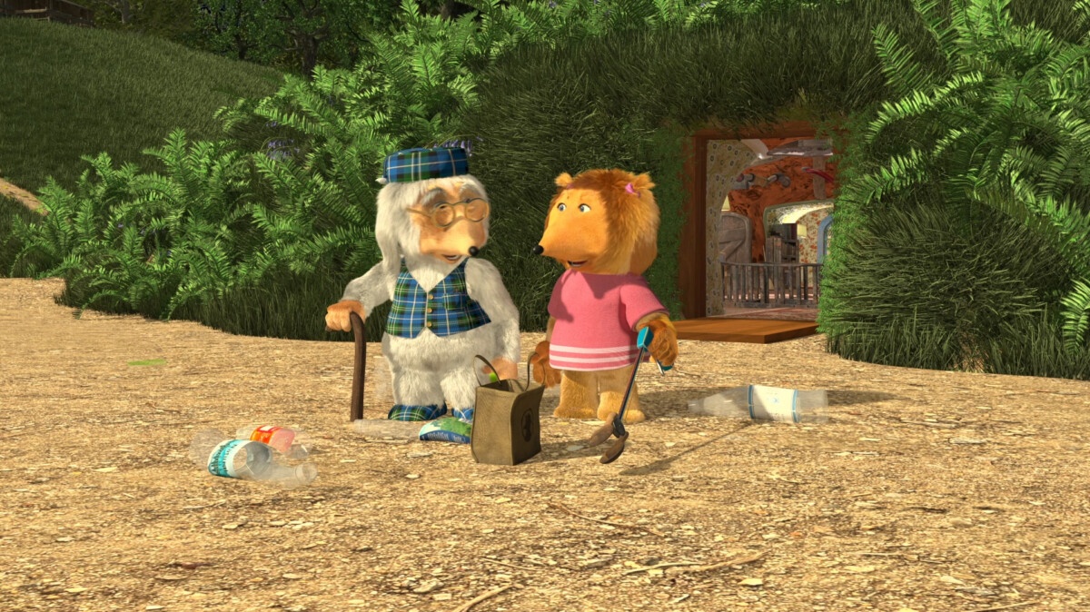 Two Wombles, including Great Uncle Bulgaria, doing a litter pick