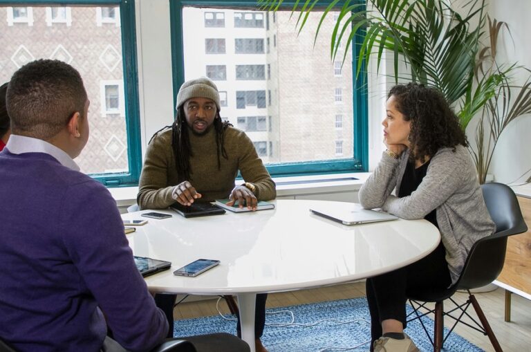 A group of people sit around a table in an office talking. They are in front of windows looking out at tall buildings, and there is a big gree plant in the corner of the room. By The Jopwell Collection on Unsplash