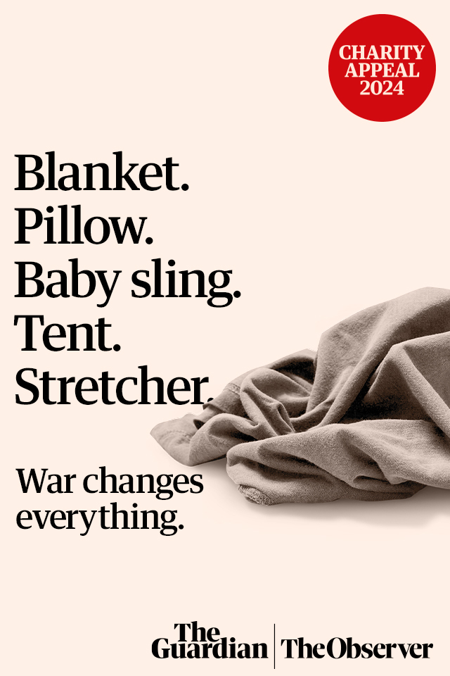 Guardian Christmas charity appeal advert. Imagine of a blanket with text "Blanket. Pillow. Baby sling. Tent. Stretcher"