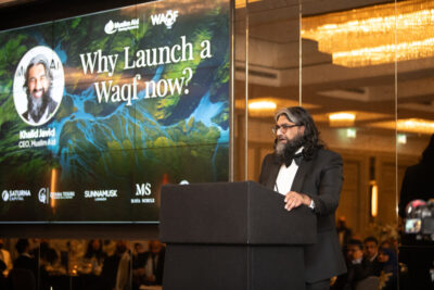 Muslim Aid CEO Khalid Javid speaking at a 39th anniversary event for the charity, and announcing its new Waqf.