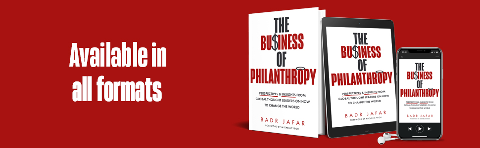 The Business of Philanthropy, available in all formats. Front covers of the book in print, tablet and mobile phone versions.