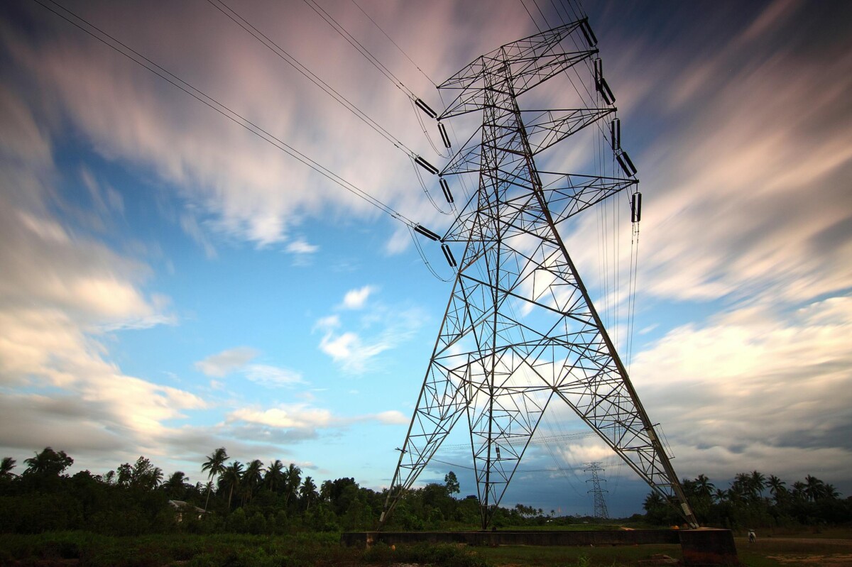 Electricity pylon against a powdery blue sky, with some shrubs and bushes at the bottom of the photo.