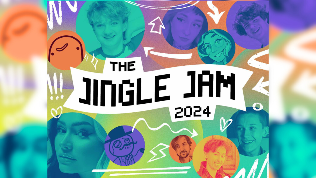 A banner advertising Jingle Jam 2024 with streamers' faces in colourful circles