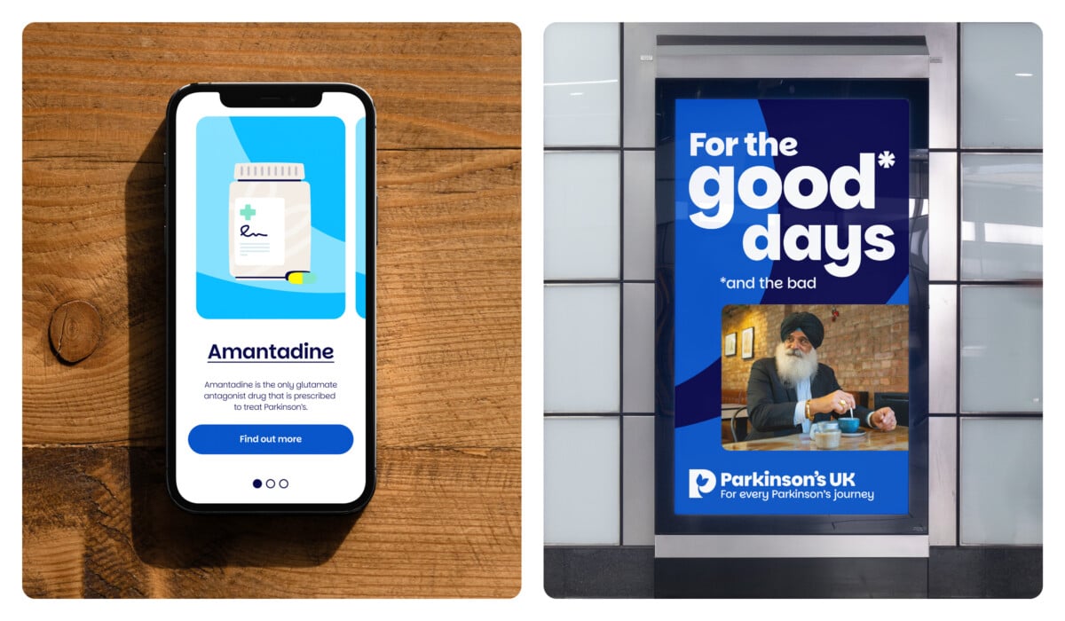 New Parkinson's UK brand assets shown on a phone and an ad