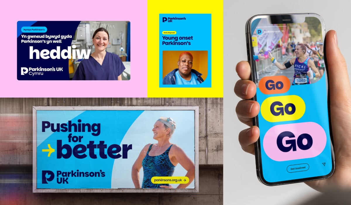 New Parkinson's UK brand assets shown on a phone and ads