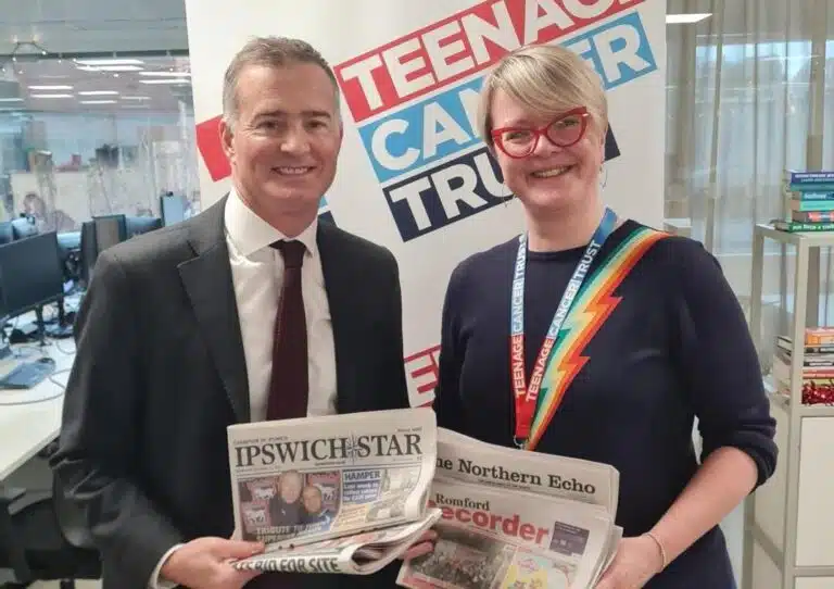 Henry Faure Walker Newsquest CEO (left) and Kate Collins Teenage Cancer Trust CEO (right)