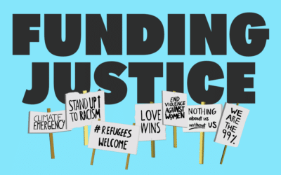 Funding Justice - text above seven campaign placards, on a light blue background.