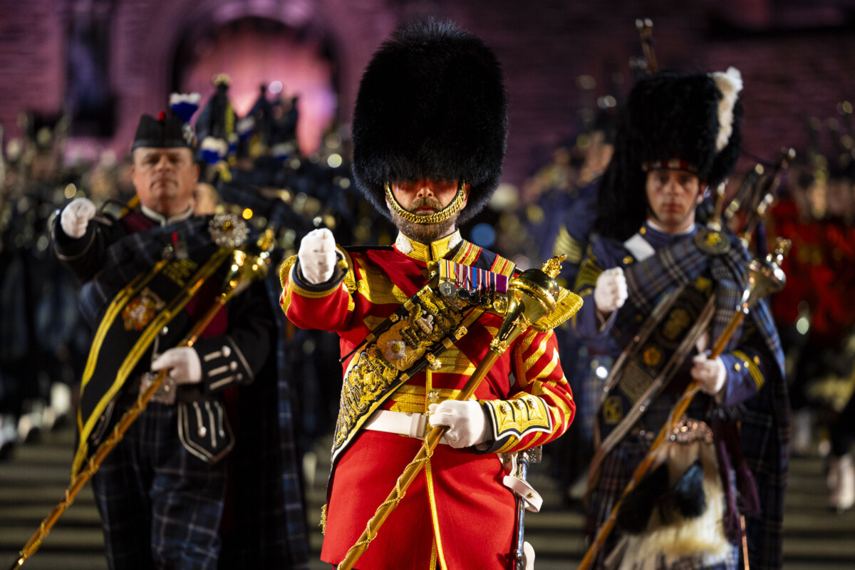 A Scottish military band performs at the Royal Edinburgh Military Tattoo.