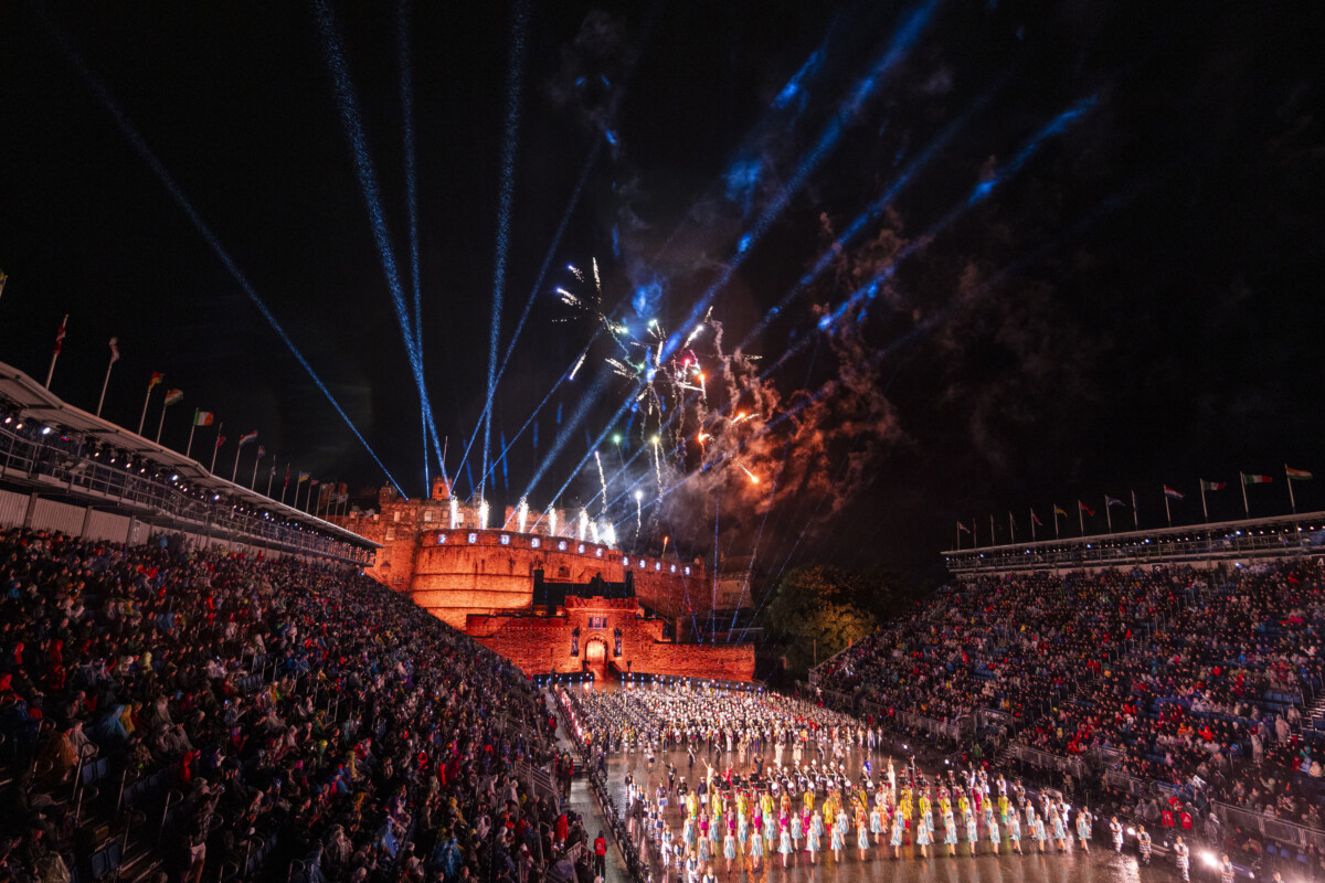 The Royal Edinburgh Military Tattoo takes places at night to packed audiences, featuring music, dance and military activities.